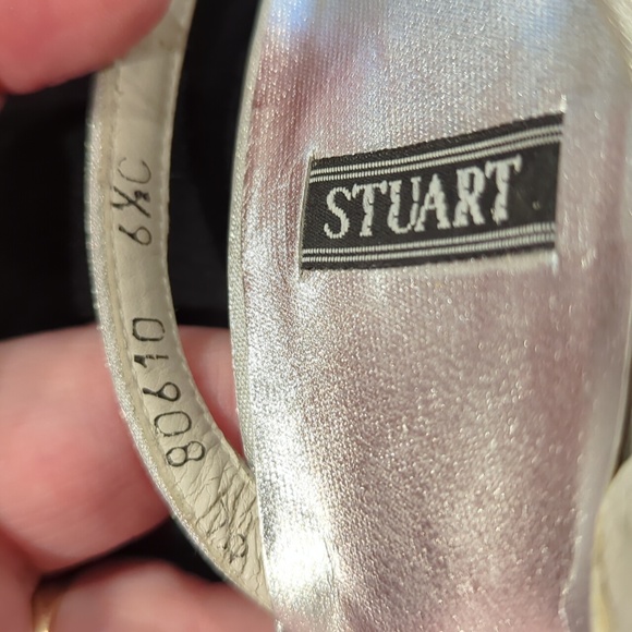 Stuart Weitzman Silver Leather Crystal Beaded Sling Back Heels - Picture 6 of 8